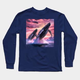 Humpback Whales Breaching at Sunset Long Sleeve T-Shirt